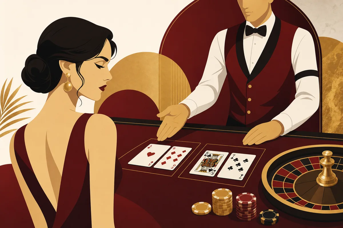 Ilustrasi meja permainan bergaya editorial dengan roda roulette dan kartu remi dalam nuansa merah gelap dan emas